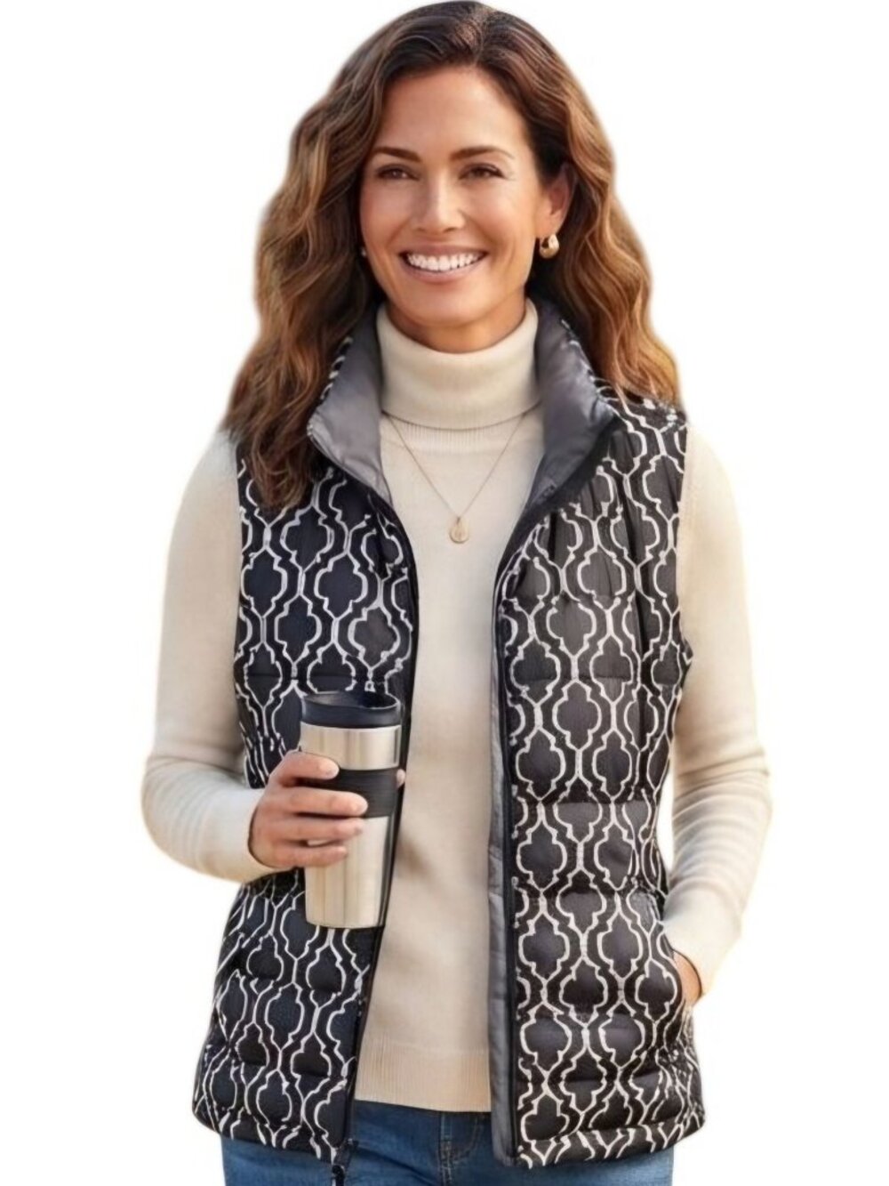 Lands' End Black White Geometric Down Puffer Vest Pockets Full Zip Size L